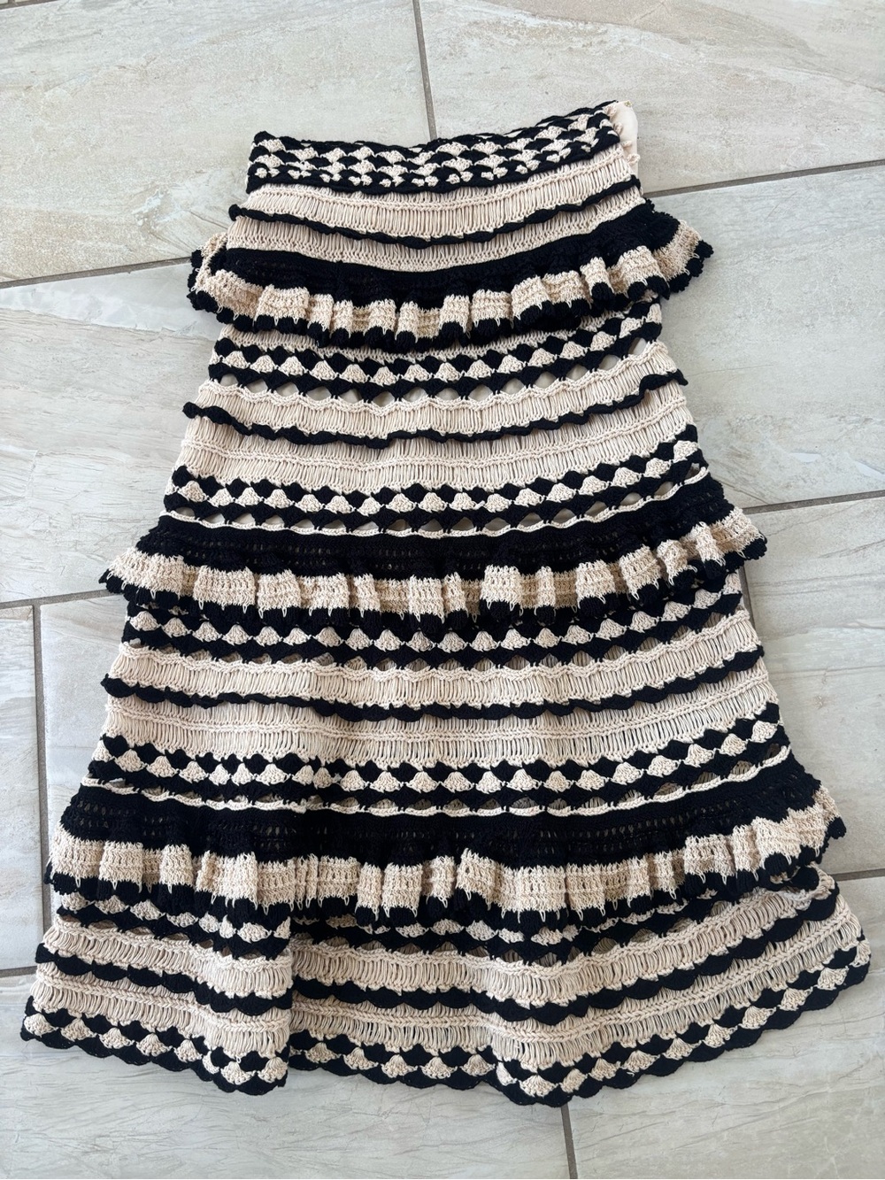 Zimmermann Anneke Black and Cream Tiered Crochet Midi Skirt Size 1